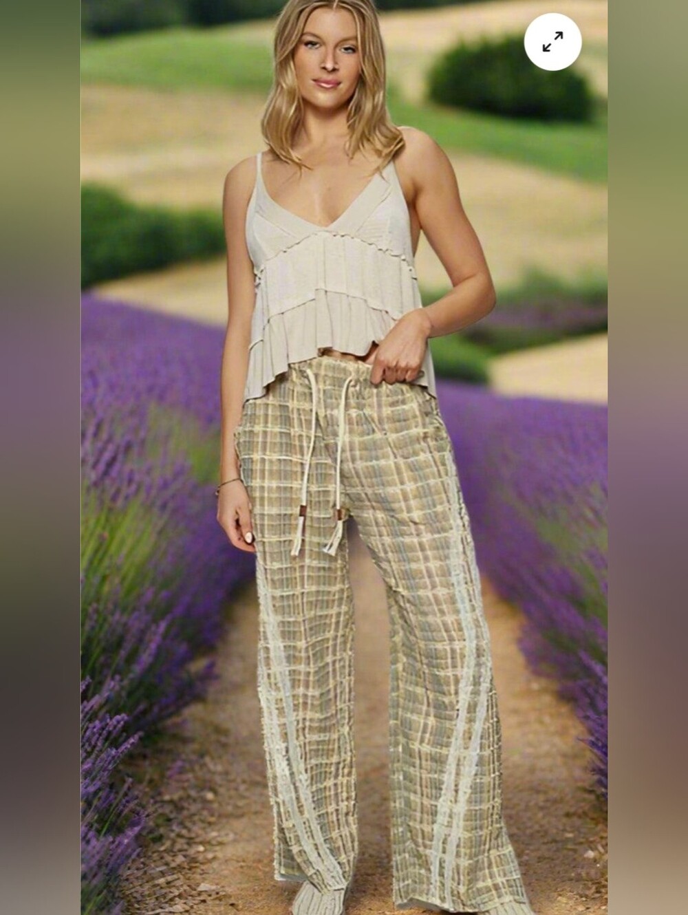 POL Light Cream Plaid Drawstring Wide-Leg Pants